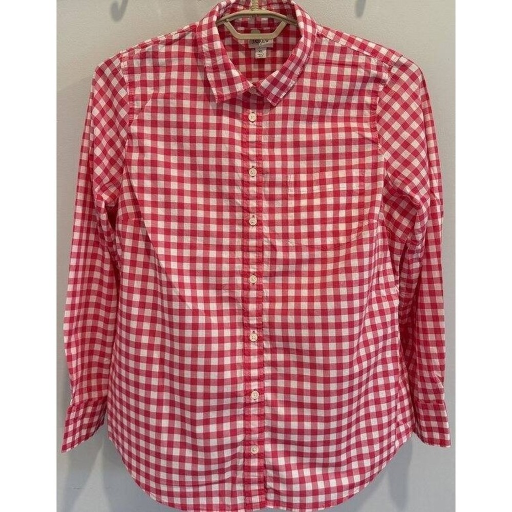 J Crew Womens Bright Pink Gingham Print Long Sleeve Button Front Shirt Cotton XL